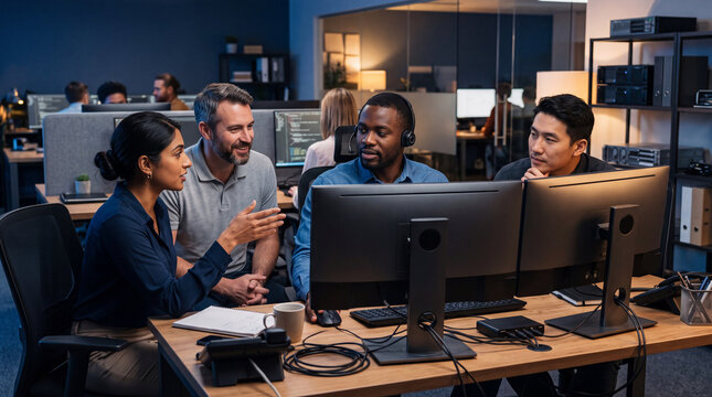 Diverse technology professionals collaborating around dual computer monitors in modern office discussing software development cybersecurity data analytics business strategy digital systems project pla