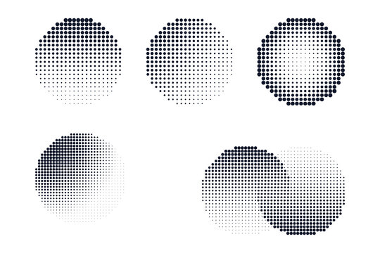 Set of circular shapes with halftone dot patterns and gradients isolated on transparent background