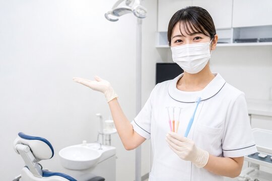 歯科医院で歯間ブラシと歯ブラシを持つ歯科衛生士