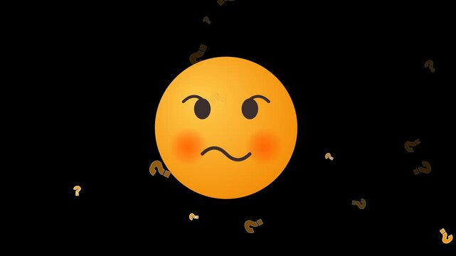 A vibrant yellow cartoon emoji depicting a confused and puzzled expression, surrounded by floating question marks on a dark background, symbolizing a state of uncertainty, inquiry, or contemplation