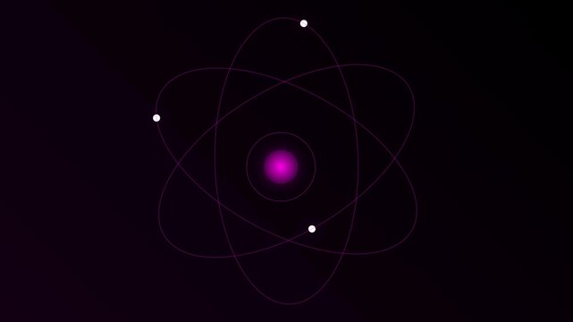 Animated atom model with glowing purple nucleus and orbiting electrons on dark background