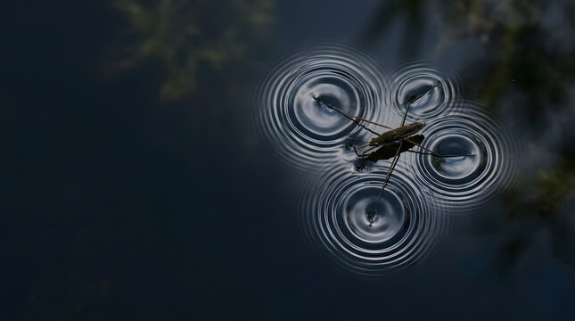 Water strider creating ripples on a calm pond surface