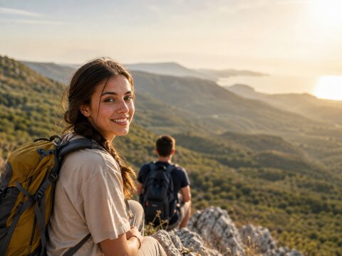 Junge Wanderin blickt bei goldenem Abendlicht &uuml;ber Berge, W&auml;lder und die t&uuml;rkische K&uuml;ste &ndash; aktiver Natururlaub mit eindrucksvollem Panorama auf einem beliebten Fernwanderweg.
