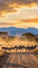 Fototapeta premium herd of wild zebras crossing dusty road in african savanna at sunset. golden hour light, mountains, acacia trees. wildlife migration, nature safari travel. magazine, print, copyspace.