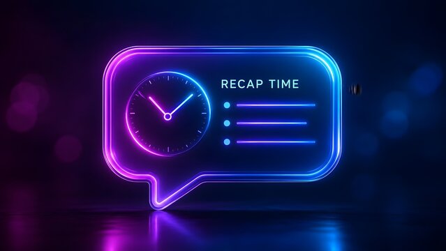 Futuristic neon glowing speech bubble with clock and recap time text representing summary and time management concept