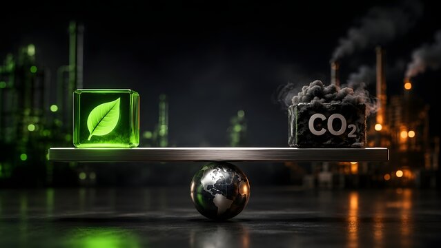 Balancing scale with green eco leaf and co2 pollution cube over earth globe representing carbon footprint and industrial climate change