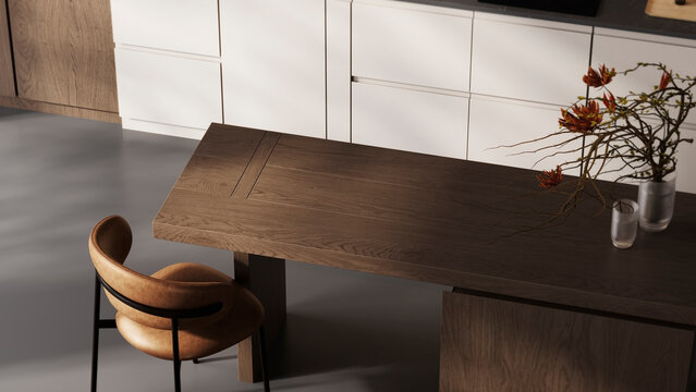 Modern Dark Kitchen and Dining Area with Wood Table and Brown Chairs