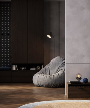 Modern Teen Boy Bedroom Interior with Lounge Chair and Bean Bag
