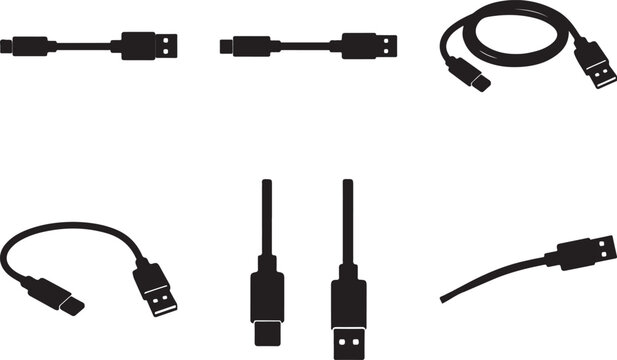 Usbc to usb a male cable for computer and mobile device charging and data transfer set 6 silhouette vector art