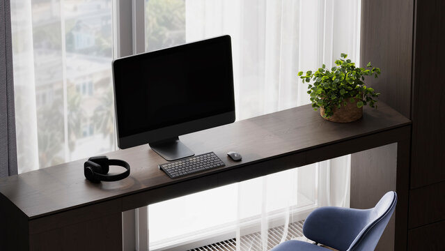 Modern Teen Boy Study Desk with Computer and Blue Chair