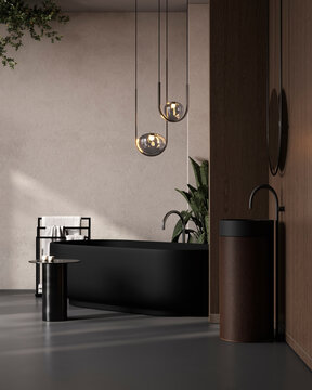 Dark Luxury Bathroom with Freestanding Bathtub and Contemporary Design