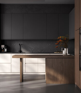 Modern Dark Kitchen with White Cabinets, Wood Island and Marble Backsplash