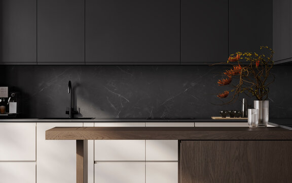 Dark Modern Kitchen Interior with Wood Island and Marble Backsplash