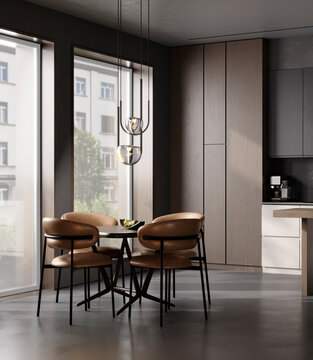 Modern Dark Kitchen with White Cabinets, Wood Island and Marble Backsplash