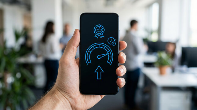 Hand holding a smartphone displaying business performance icons like a speedometer and quality badge in a blurred modern office setting background concept.