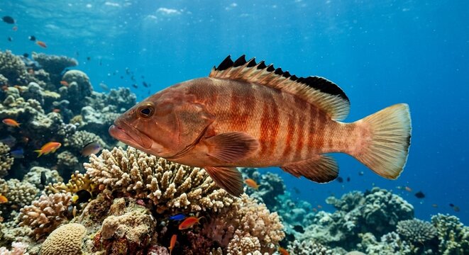 Blacktip Grouper (Epinephelus fasciatus) swimming over a coral reef in tropical clear water