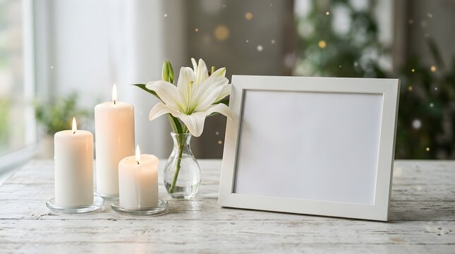 White empty photo frame with candles and flowers on rustic wooden table