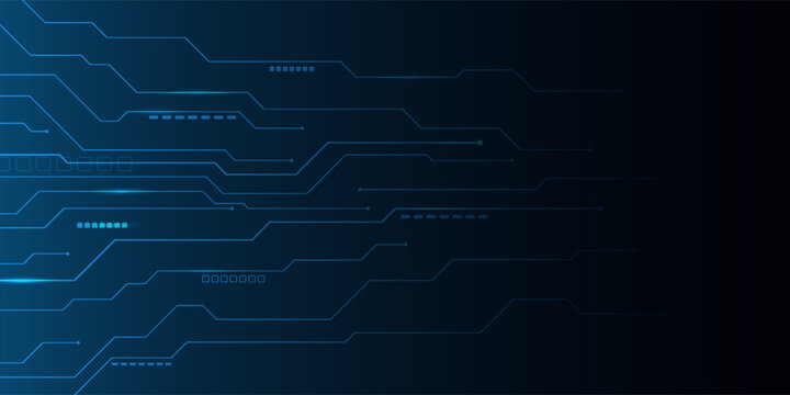Abstract dark tech background with glowing blue circuit lines and digital elements