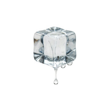 Single melting ice cube with water drop isolated on transparent background