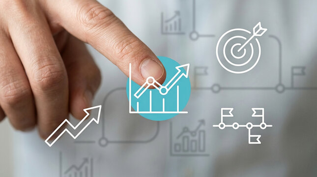 Close up of human finger touching digital interface with business growth icons and financial charts representing strategic planning and success.