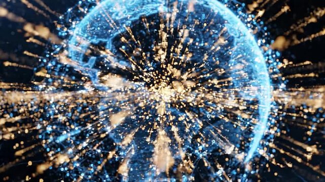 Abstract Financial Market Visualization with Blue Sphere, Golden Particle Burst, Digital Globe Network, Global Connectivity, Investment Energy, Economic Growth, Data Analysis, and Technology