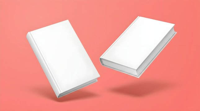 Two blank hardcover books floating against a soft coral pink background