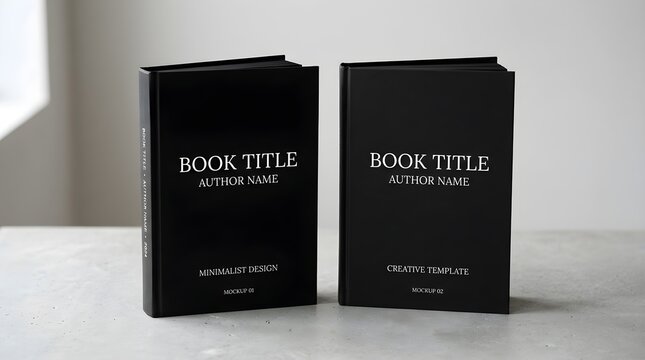 Two elegant black hardcover books standing upright on a grey surface