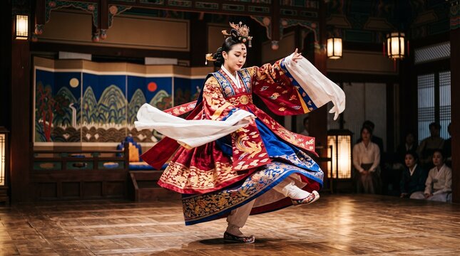 Korean traditional dancer performing Taepyeongmu royal court dance wearing ornate Hanbok and phoenix headpiece