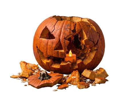  Smashed broken carved Halloween pumpkin with pieces on the ground isolated on a transparent background.