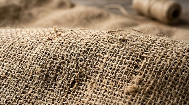 Close-up macro of rustic brown burlap fabric texture with blurred twine roll