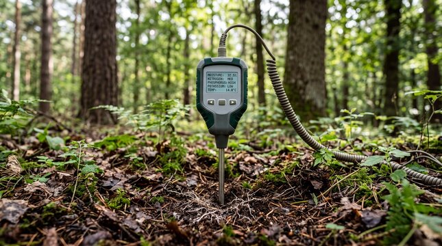 A digital soil moisture meter inserted into the forest floor.