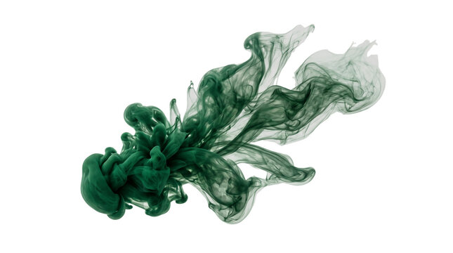 Emerald green ink splash in water, abstract fluid paint cloud on white background, organic forest green smoke swirl for artistic overlays