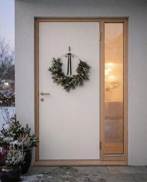 Modern minimalist front door with a half-circle Christmas wreath, green ribbon, and potted plants in a snowy winter entrance