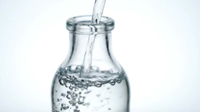 Clear water pouring into a glass bottle against white background