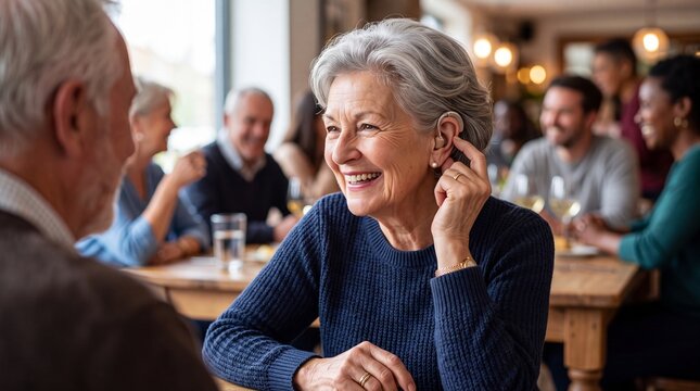 A smiling senior woman adjusts her hearing aid while dining with friends.