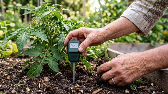 An elderly gardener uses a digital meter to check soil moisture.