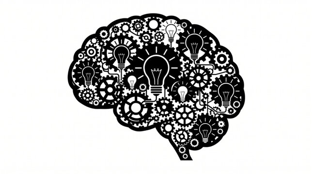 Human brain silhouette made of gears cogs and light bulbs creative idea concept