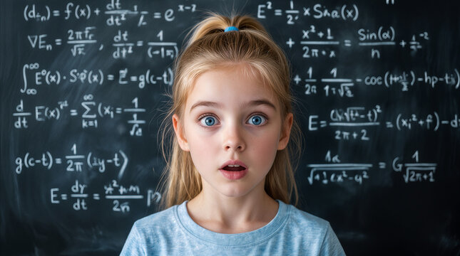 Primary school student looking surprised while standing in front of chalkboard with complex physics and math equations. Education and learning concept.