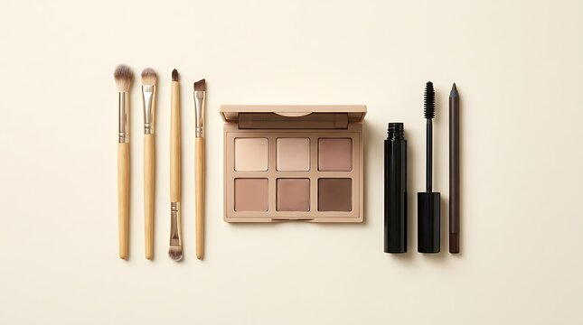 Set of professional makeup brushes and eyeshadow palette with mascara and eyeliner for beauty care. beginner makeup guide