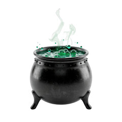 Black witch cauldron with green magic potion bubbling and rising smoke isolated on transparent background © MDRASIDHASAN