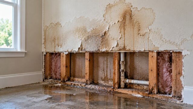 Damaged home interior wall frame exposed after pipe leak causing water pooling on concrete basement floor.