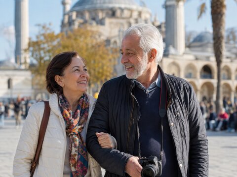Gl&uuml;ckliches Seniorenpaar besichtigt eine historische Moschee in Istanbul und genie&szlig;t seine gemeinsame St&auml;dtereise &ndash; aktiver Kulturtourismus f&uuml;r Best Ager in der T&uuml;rkei.