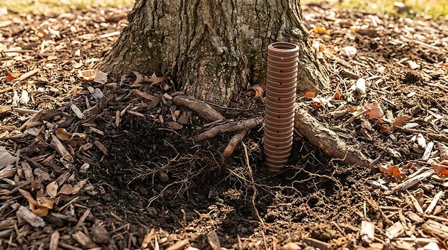 A small purple plastic marker stake placed in the ground next to a tree trunk in a garden area. soil aeration pipes