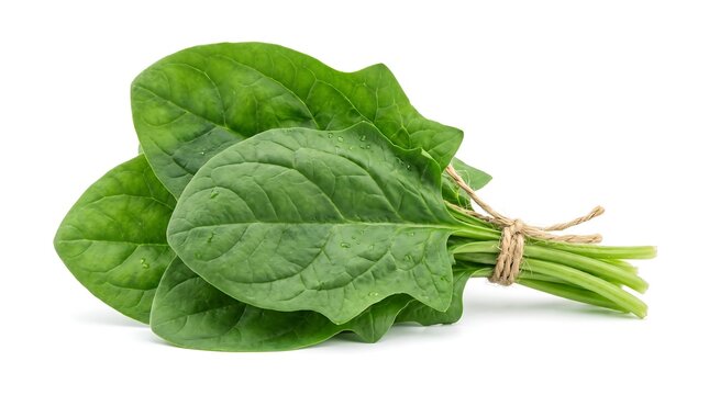 A fresh bunch of green spinach leaves tied together isolated on a white background