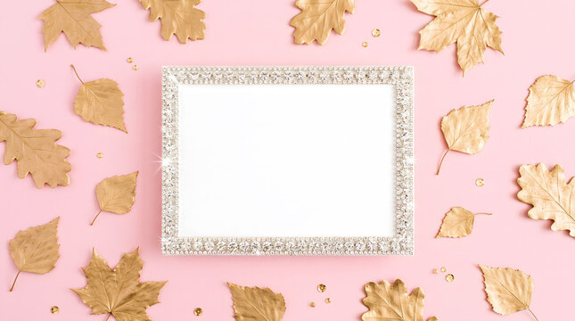 Luxury pink Thanksgiving flat lay template featuring blank white photo frame adorned with sparkling diamonds surrounded by golden autumn leaves on pastel pink background