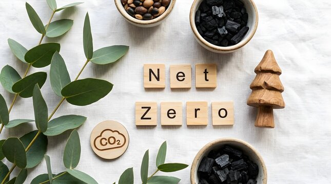 Net zero text on wooden tiles with eucalyptus branches and carbon charcoal bowls