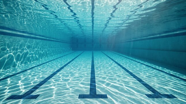 Underwater view of a clear empty swimming pool with mesmerizing sun reflections - ideal for backgrounds, sports concepts, summer themes, and tranquil relaxation visuals