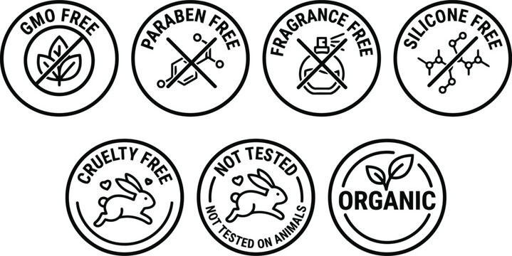 Set of seven black cosmetic product labels and organic icons for natural beauty items