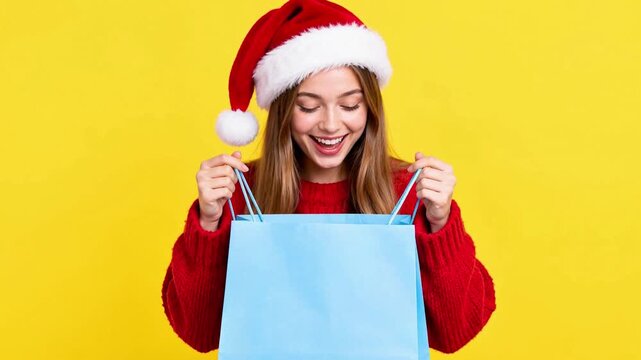 Excited young woman in Santa hat looking into blue shopping bag with surprised smile on yellow background