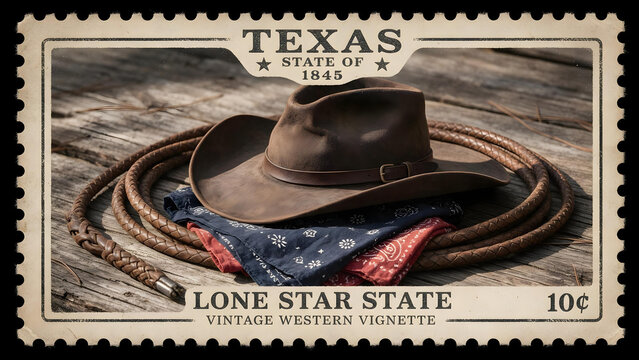 Vintage Texas postage stamp with cowboy hat, bandana, and lasso on wood